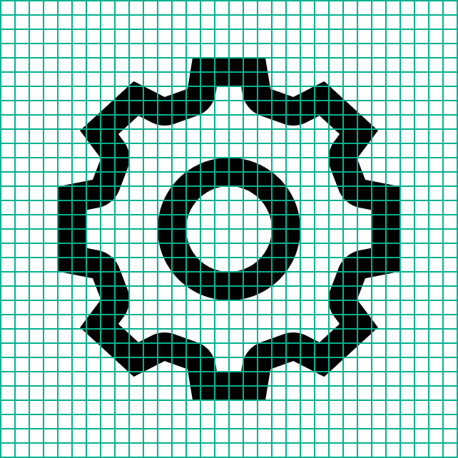 Black & white icon of a cog shown under a 32x32 grid.