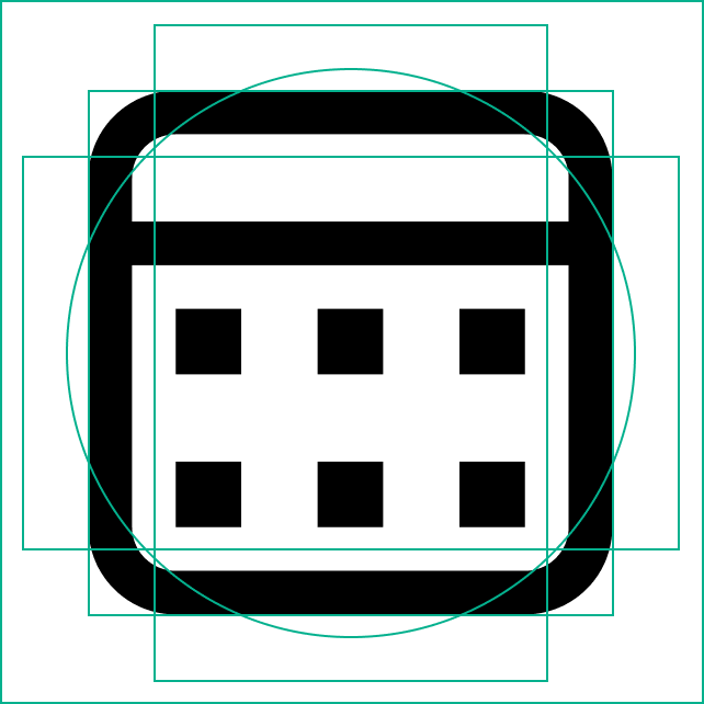 Black & white icon of a cog shown under and aligned with a grid of a tall rectangle, wide rectangle, square, and a circle, arranged concentrically.