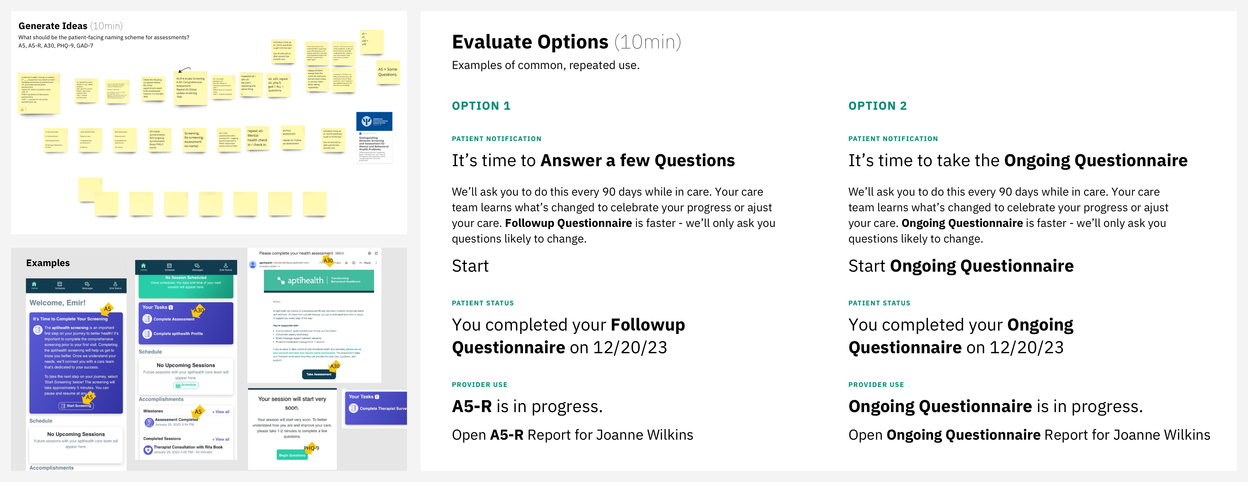 3 Images from a slide presentation with a dozen sticky nots on the first, 5 different screenshots of the aptihealth platform on the second, and two options for text copy on the thrid.