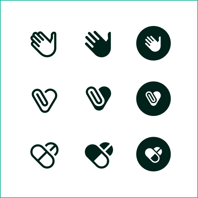 A waving hand icon, heart-shaped staple icon, and pill icon, each shown in 3 states: as an outline, as a filled shape, and inside of a circle.