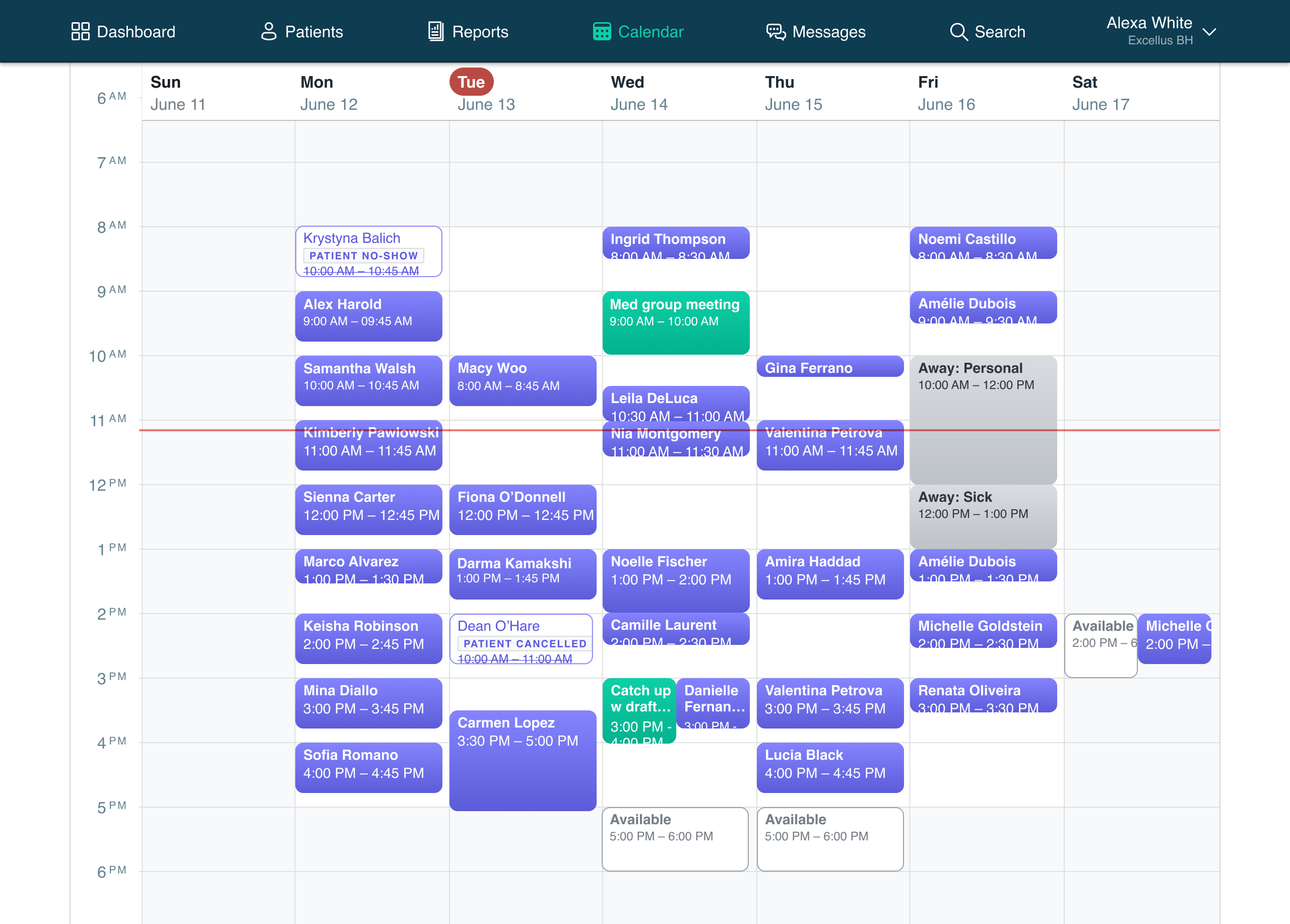 Provider Calendar showing weekly view with 38 events of 5 kinds.