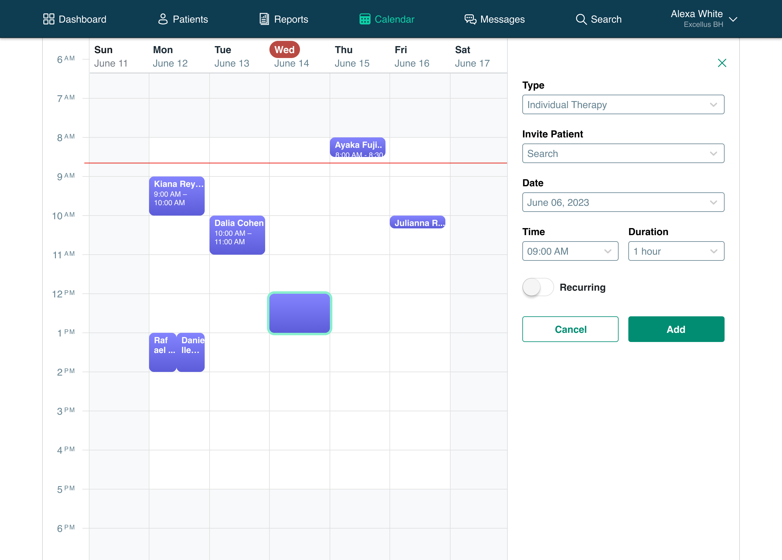 Provider Calendar showing a drawer on the right containing detailed input required to create a new event.