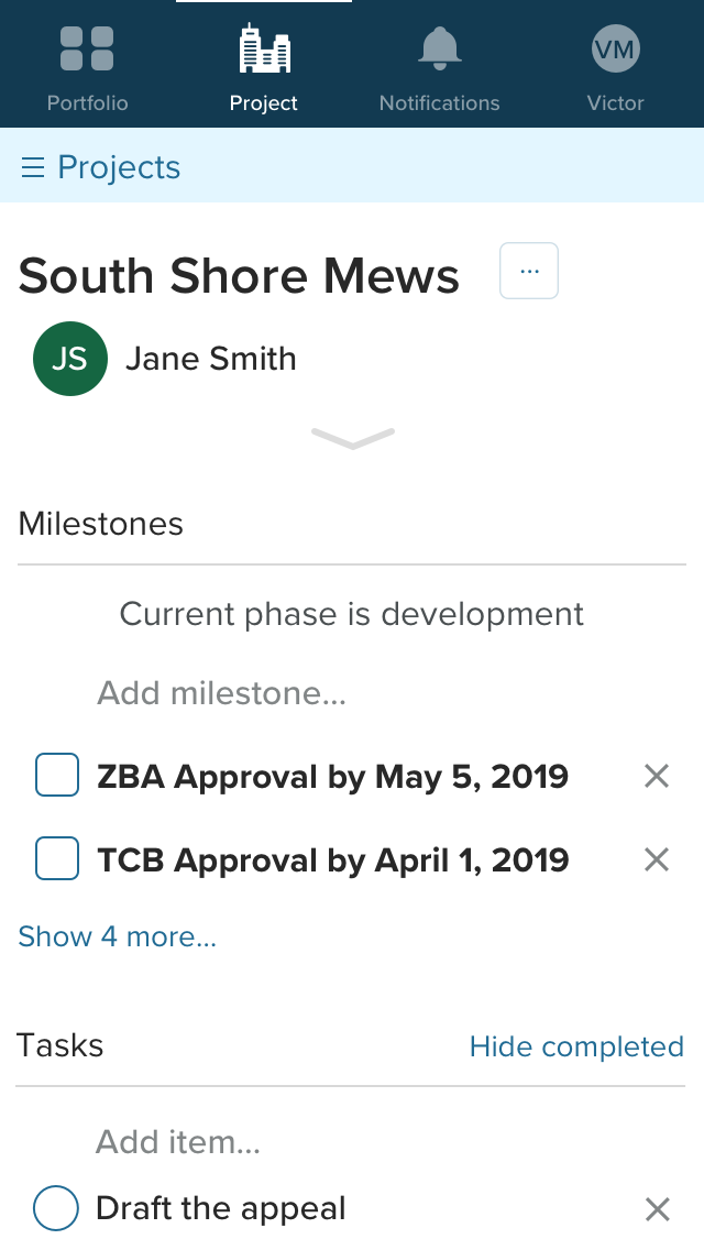 Mmobile application with Project tab active, showing an example project titled South Shore Mews along with milestone and tasks.