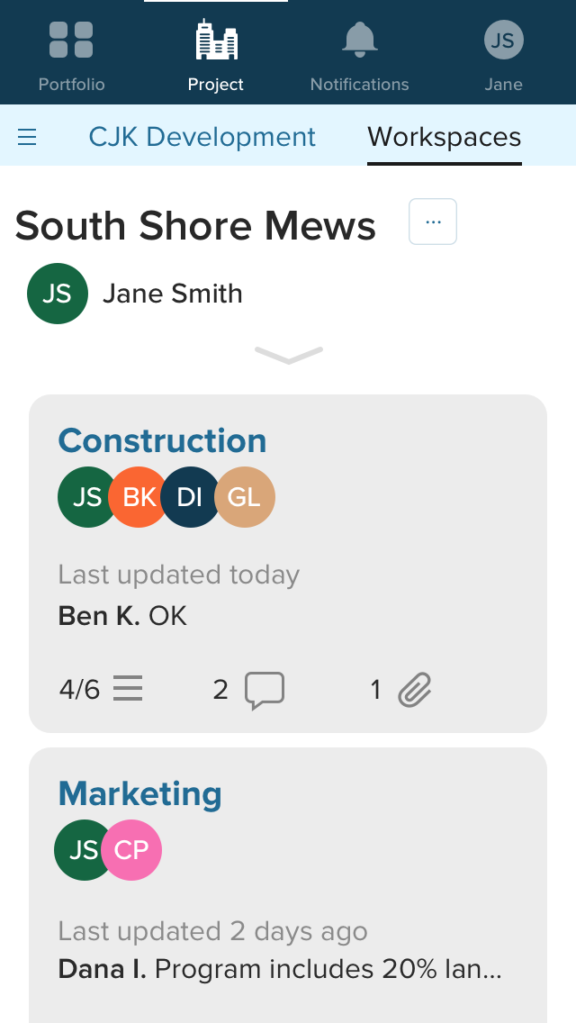 Project Manager’s view of a mobile application showing two workspaces in a project.