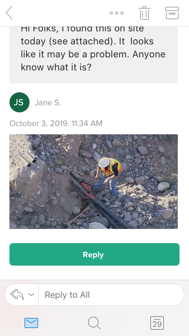 Email application showing an email with a photo attachment of an underground cable and posing a question for a contractor.