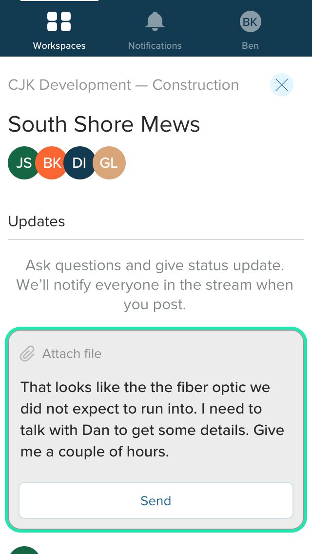 Contractor’s view of a mobile application showing a workspace in which a contractor is answering a question by posting to the feed.