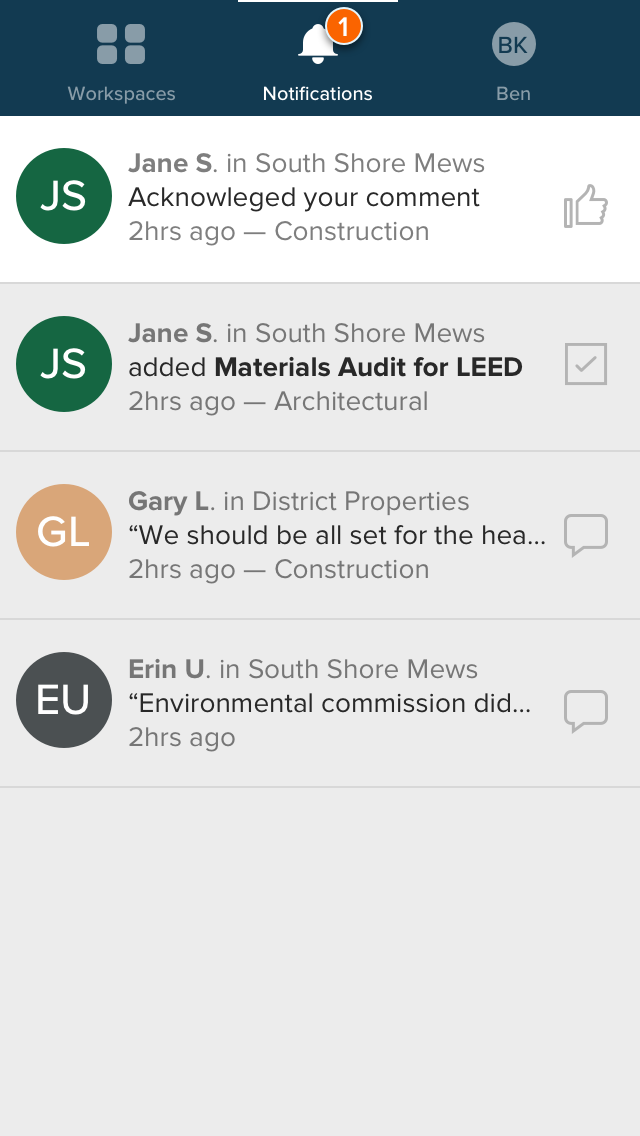 Contractor’s view of a mobile application showing a notification that a proejct manager has acknowleged a contractor’s comment.