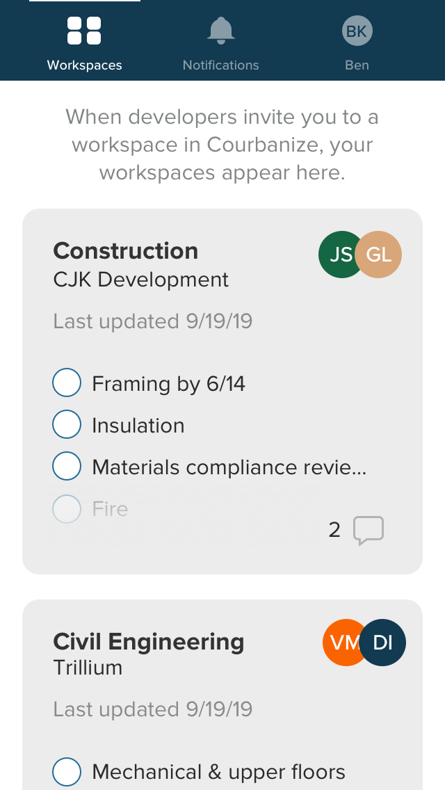 Contractor’s view of a mobile application showing workspaces from two development companies who each use coRE.