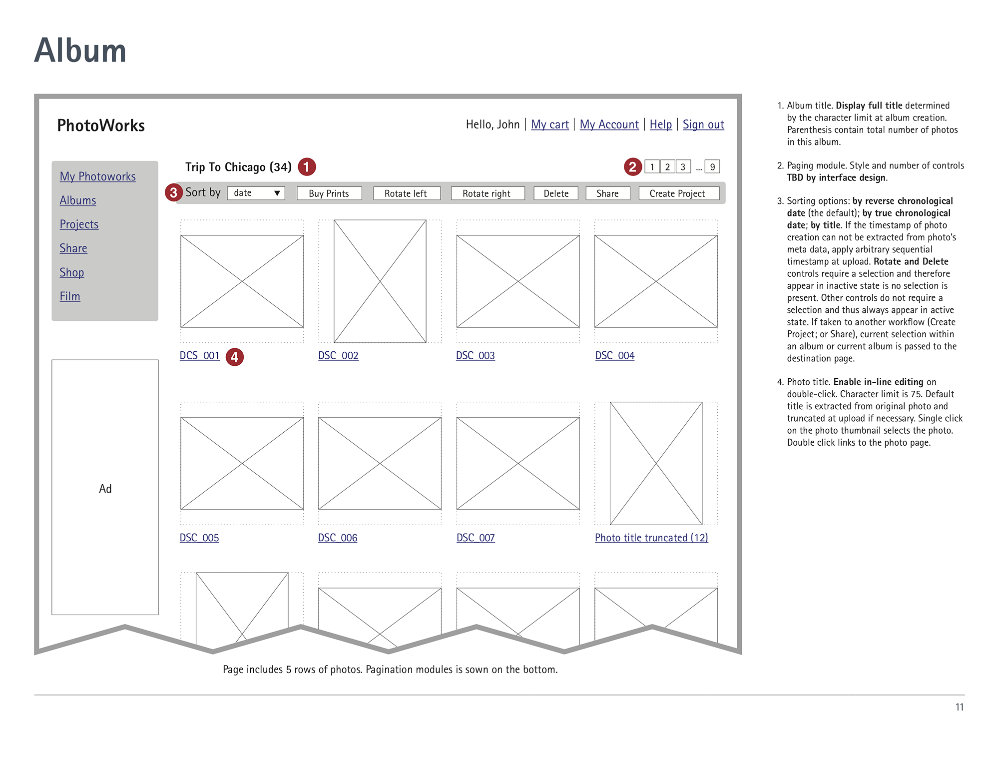 Wireframe for the album page