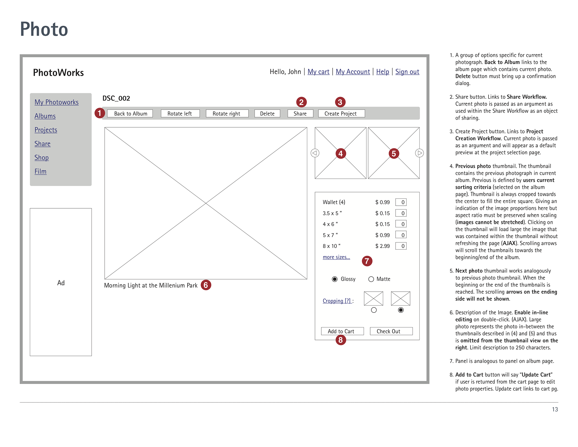 Wireframe for the photo page