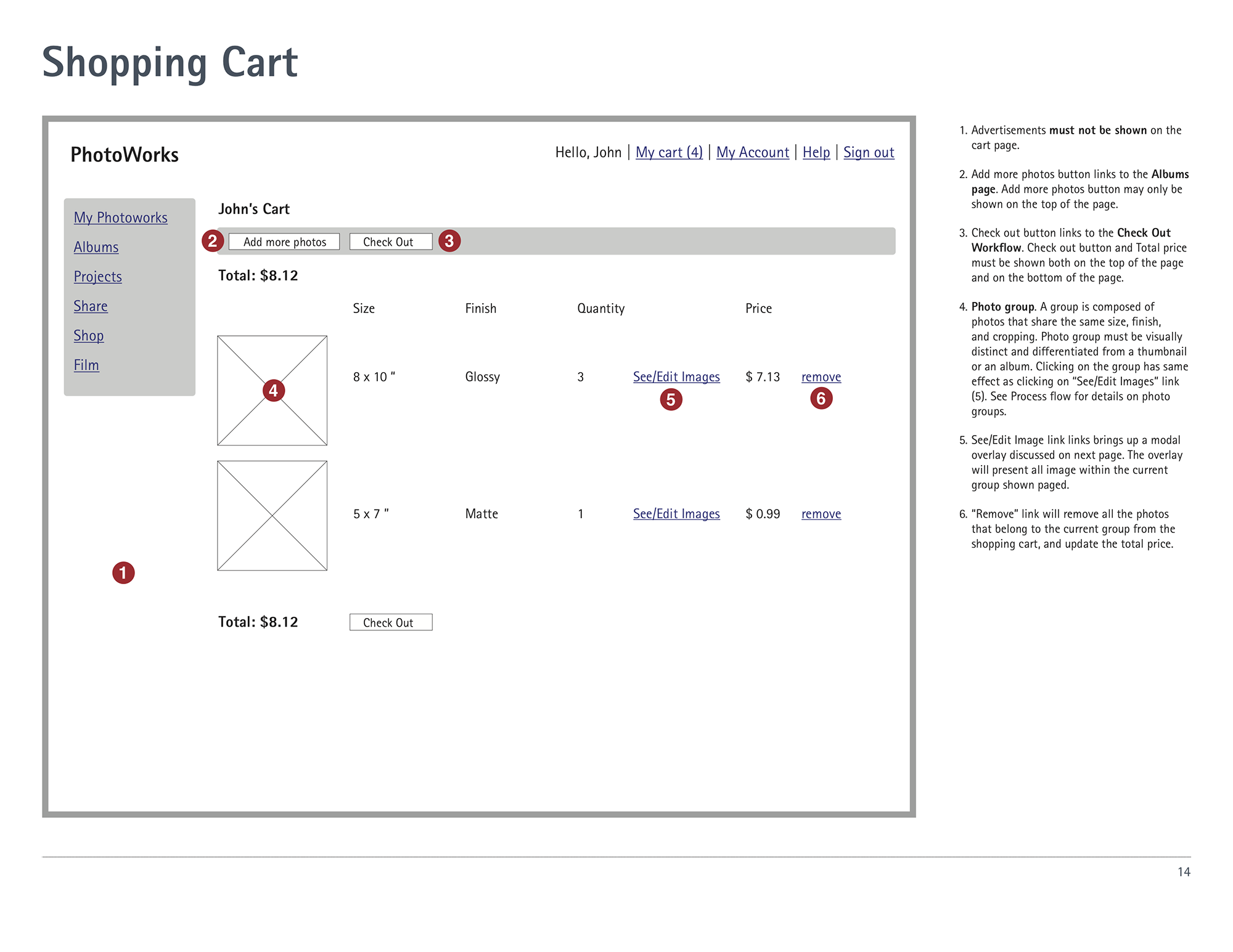Wireframe for the shopping cart