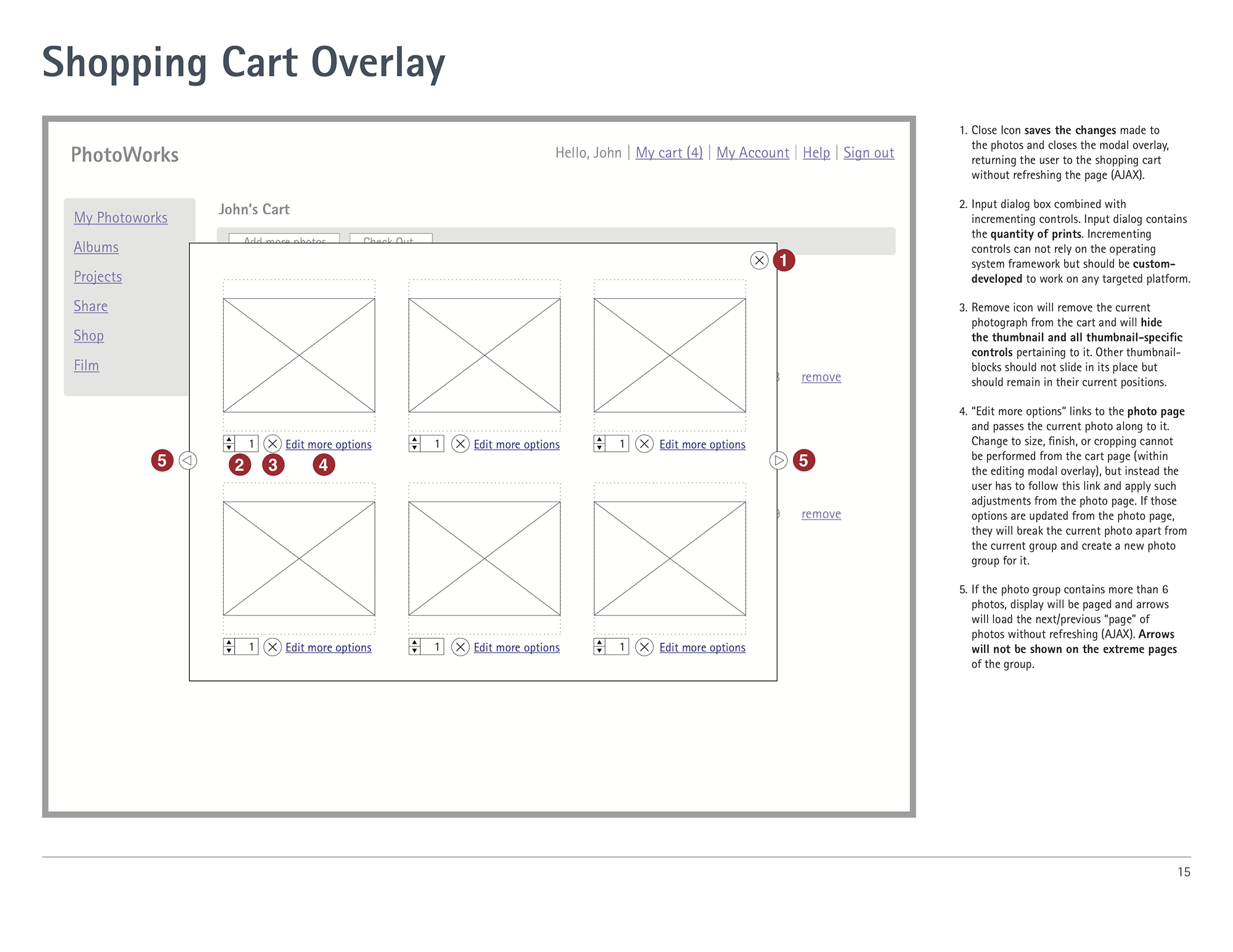 Wireframe for editing in the shopping cart