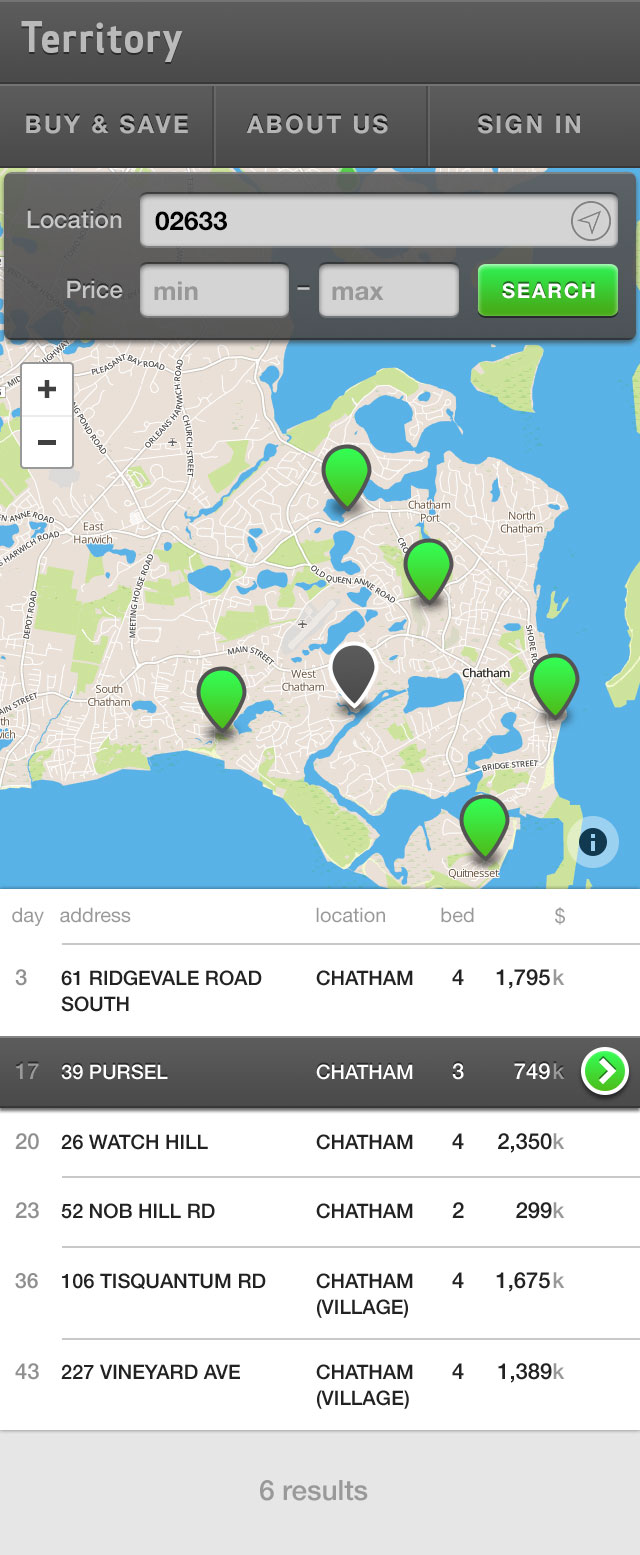 Mockup of the property search flow on mobile