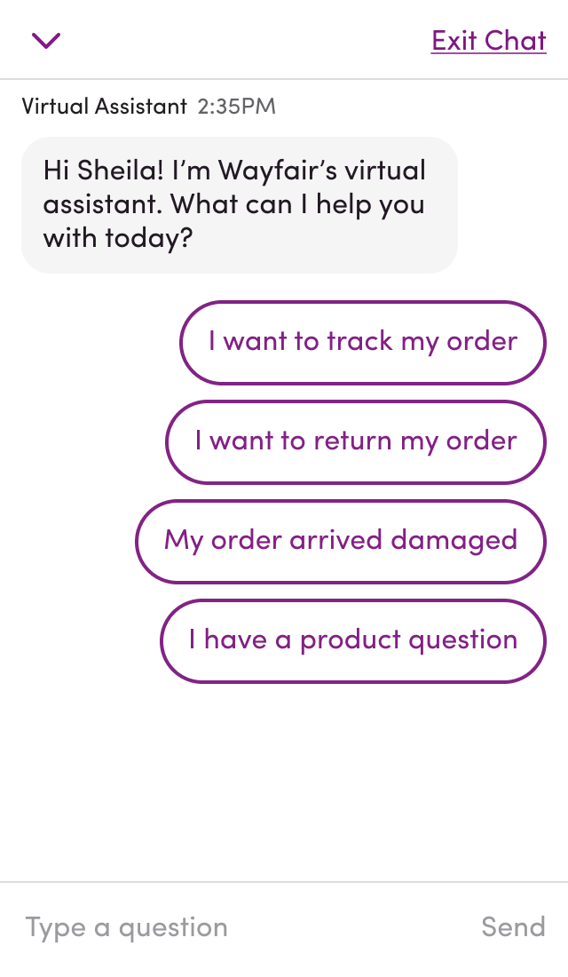 A chat window in which virtual assistant is greeting the customer and below it buttons labeled: I want to track my order; I want to return my order; My order arrived damaged; I have a product question.