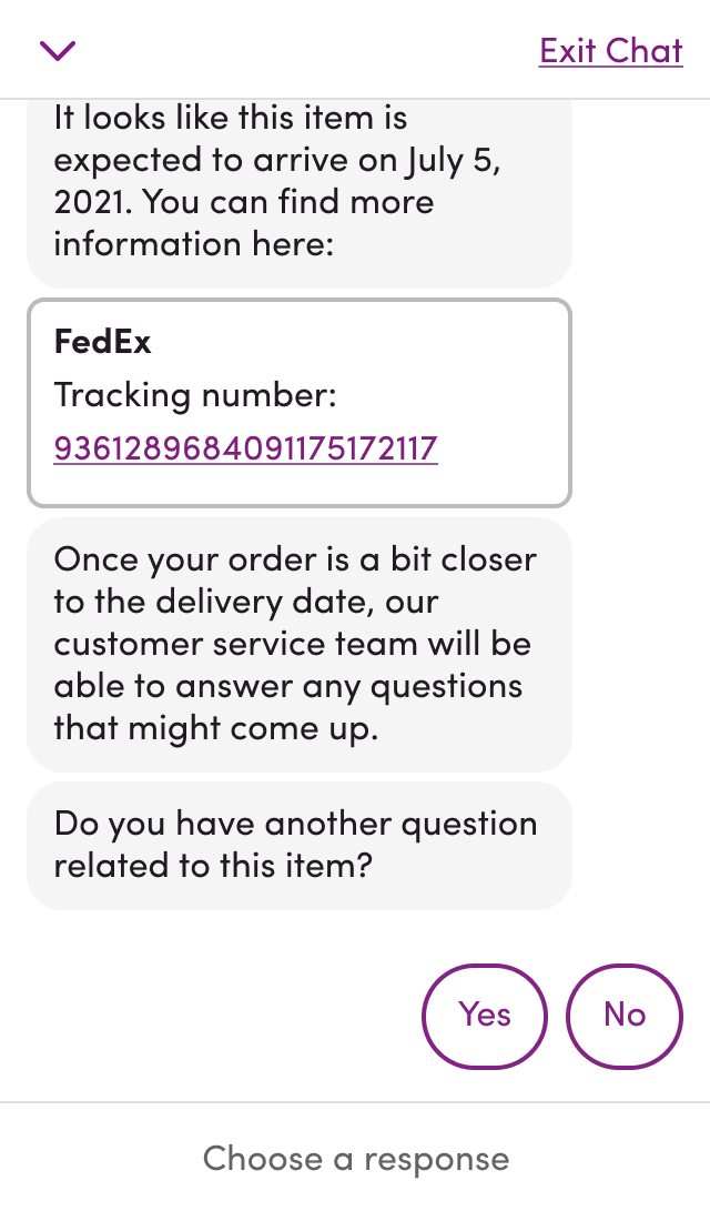 A chat window in which a customer asked to track order status and virtual assistant replied with an expected delivery date and a card containing a FedEx tracking number that links to FedEx.