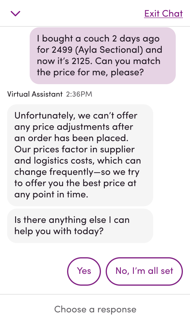 A chat window in which a customer asks for a price to be matched on an order they placed and virtual assistant explains that Wayfair does not offer price adjustments.