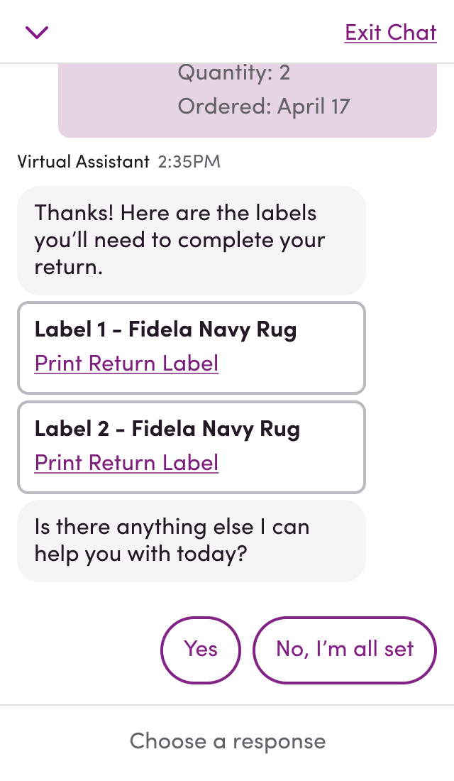A chat window in which a customer asked for return labels for a previously authorized return and virutal assistant provided two cards that link to return labels they needed.