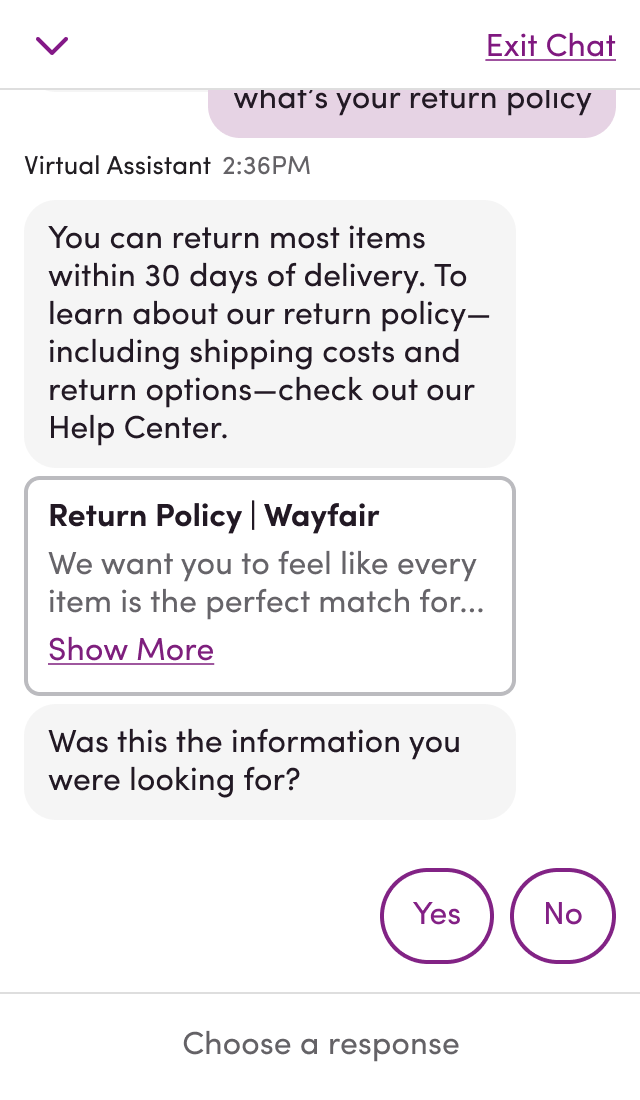 A chat window in which a customer asks for a return policy and virtual assistant reponds with a policy summary and a card that previews and liks to the Return Policy help center article.