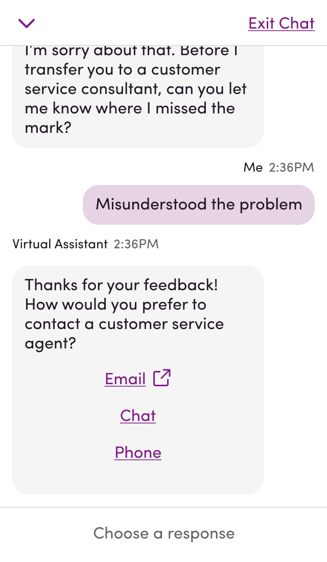 A chat window in which a customer indicated that virtual assistant misunderstood their problem and the virtual assistant is thanking them for feedback while offering the customer to contact a customer service agent via email, chat, or phone.