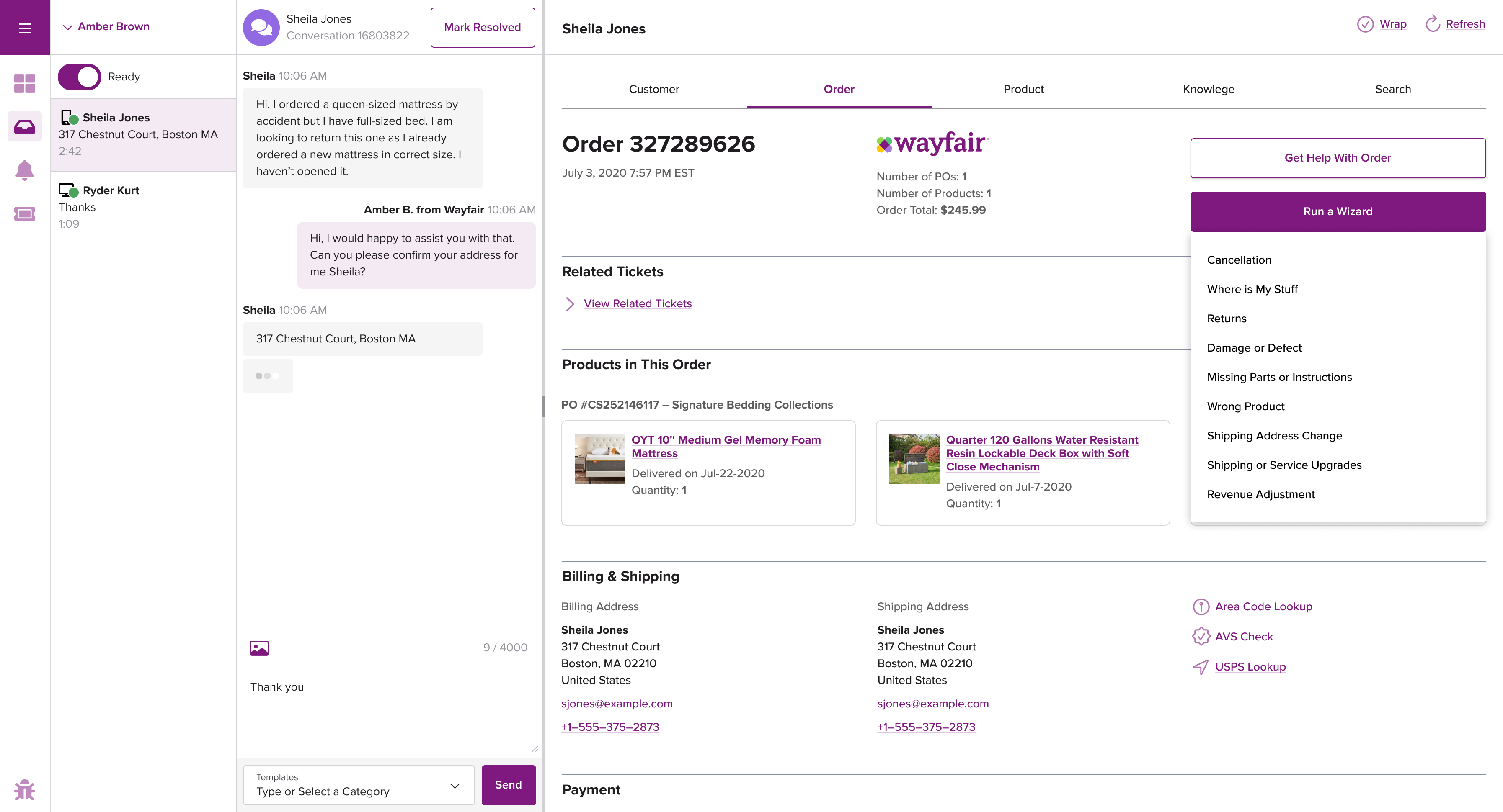 UI of Bento showing a customer-service chat with two customers and the first customer’s order information for their order from Wayfair.com