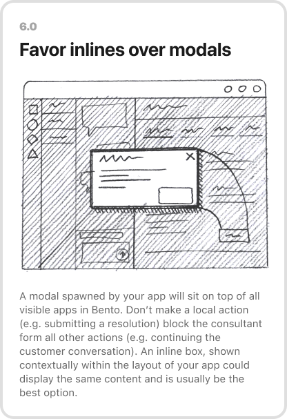 Guideline titled: 6.0 Favor inlines over modals with illustration and explanation text presented as a card.